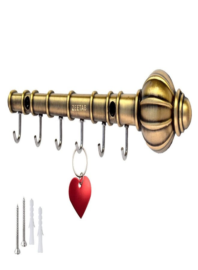 Zeetab Lord Hanuman Gada Key Holder | Bajrangbali Key Stand & Antique Brass Metal 6 Hook Wall Mount Hanger | Home Decor Gift (22x5cm) - Image 1